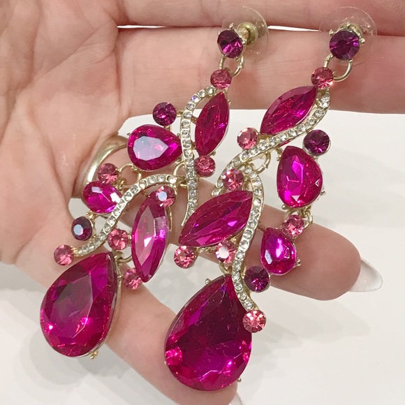 Oversized Statement Crystal Multi Teardrop Cluster Chandelier Dangle Earrings - Picture 2 of 13